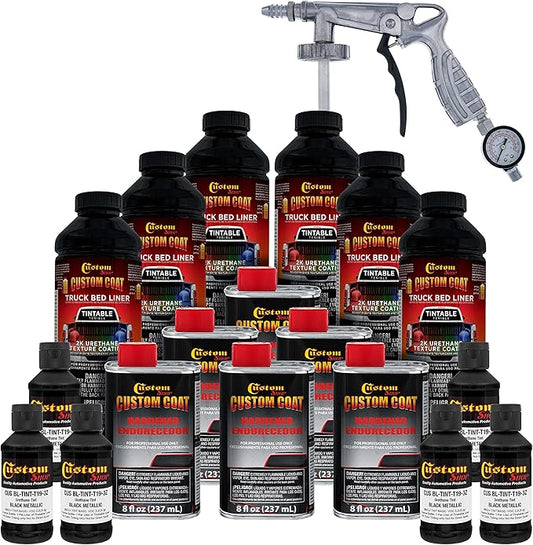 Custom Coat Black Metallic 1.5 Gallon (6 Quart) Urethane Spray-On Truck Bed Liner Kit with Spray Gun and Regulator - Easy Mixing, Shake, Shoot - Textured Protective Coating, Prevent Rust - Car, Auto