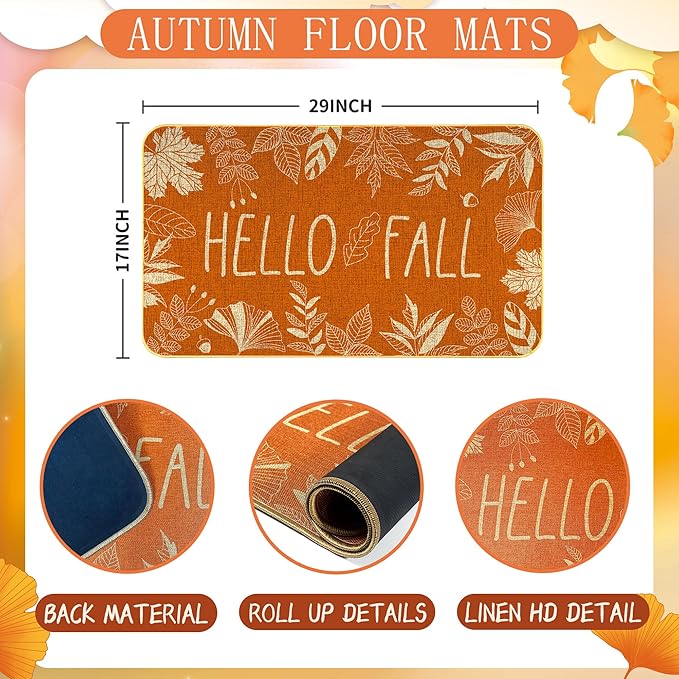 KORVITA Hello Fall Welcome Door Mat Thanksgiving Day Floor Mat Autumn Indoor Outdoor Entrance Mat Bathroom Non-Slip Greeting Party Decorations 17 X 29 Inches
