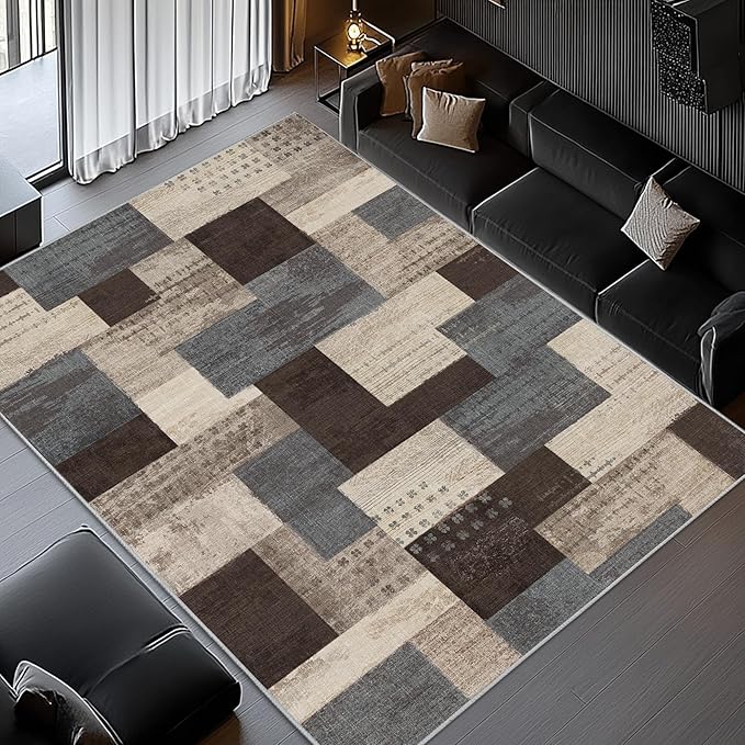 Modern Geometric Patchwork Indoor Area Rug for Living Room, Blue-Taupe 8'x 10' Large Rug Rockwood Collection Hardwood Floors Decor for Bedroom, Blue Throw Carpet for Office Entryway Dining Room