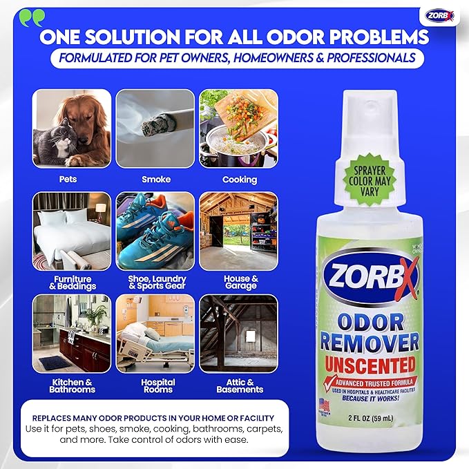 ZORBX Unscented Odor Eliminator for Strong Odor 2 Fl Oz, Pack of 2 - Used in Hospitals & Healthcare Facilities - Advanced Formula, Fast-Acting Odor Remover Spray for Dog, Cat, House & Carpet