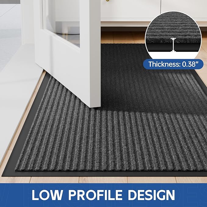 Front Door Mat, 4' x 6' Heavy Duty Indoor Outdoor Doomat, Commercial Industry Rugs with Rubber Backing, Non-Slip Low Profile Welcome Entry Mat for Patio, Home, Grey