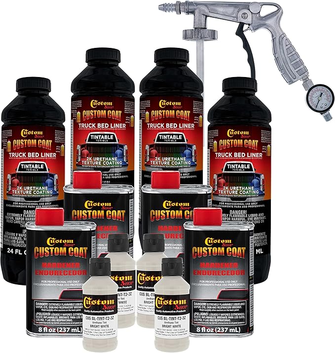 Custom Coat Bright White 1 Gallon Urethane Spray-On Truck Bed Liner Kit with Spray Gun and Regulator - Easy Mixing, Shake, Shoot It - Durable Textured Protective Coating, Prevent Rust - Car, Auto