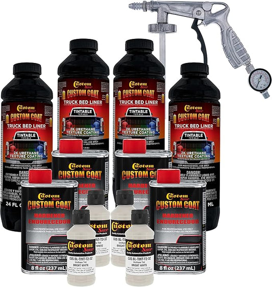 Custom Coat Bright White 1 Gallon Urethane Spray-On Truck Bed Liner Kit with Spray Gun and Regulator - Easy Mixing, Shake, Shoot It - Durable Textured Protective Coating, Prevent Rust - Car, Auto