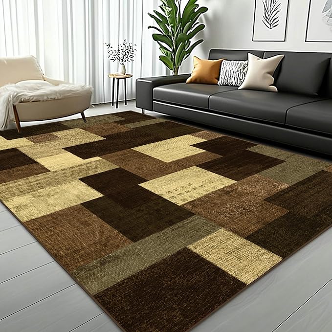 Modern Geometric Patchwork Indoor Area Rug for Living Room, Warm Taupe 9x12 Large Rug Rockwood Collection Hardwood Floors Decor for Bedroom, Taupe Throw Carpet for Office Entryway Dining Room
