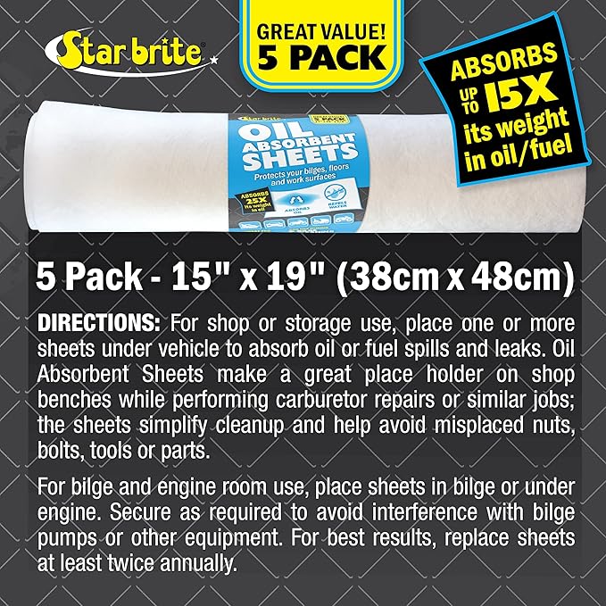 STAR BRITE High-Efficiency Oil Absorbent Sheets - Fuel and Grease Spill Cleaner for Shops, Boats, Engine Rooms - Reusable, Water-Resistant, Easy Disposal - Essential for Mechanics Workshops & Marinas
