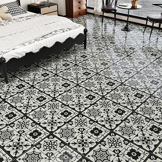 Wallercity Black Boho Peel and Stick Floor Tiles Waterproof 6PCS Vintage Floral Vinyl Flooring Tiles for Bedroom Vinyl Self Adhesive Non-Slip Stick on Tile for Bathroom Kitchen Shower Tile 12x12 Inch