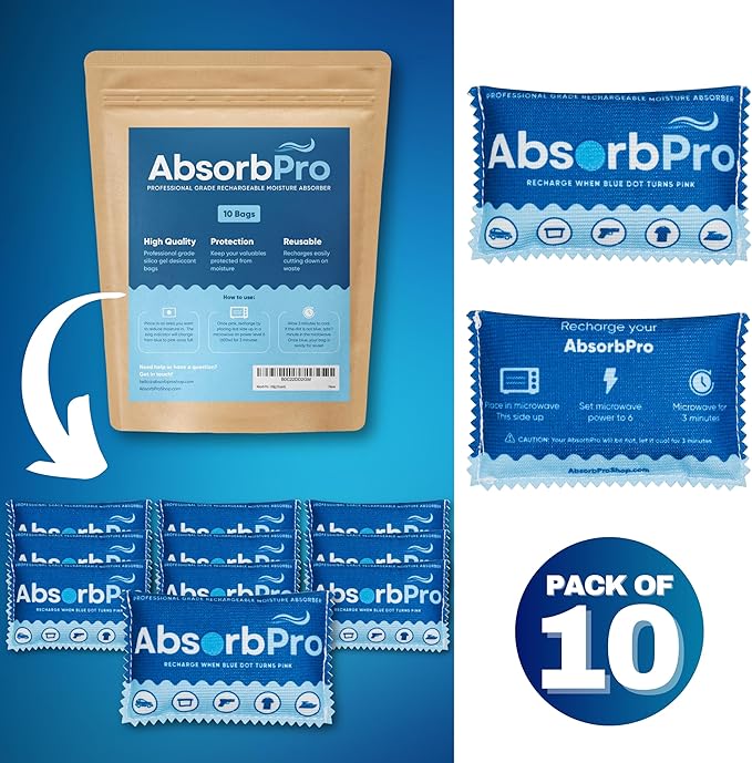 Absorb Pro Rechargeable Dehumidifier Bag 10-Pack - 100g Reusable Moisture Absorbers - Silica Gel Packets for Bins, Totes, Gun Safe, Food Storage, Clothes, Cars, and Boats