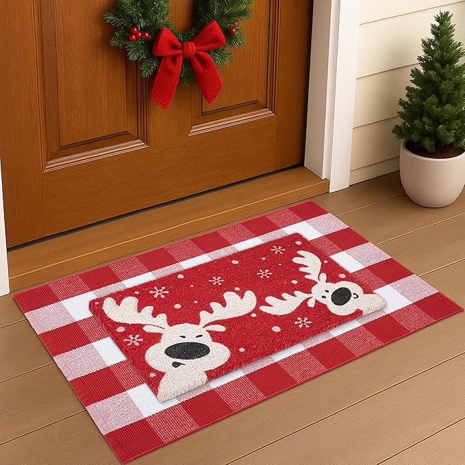 2-Piece Christmas Door Mat Combo Set - Reindeer Coir Doormat 17"x30" + Red White Buffalo Plaid Rug 28"x43", Layered Front Door Decor for Porch/Entryway, Natural Coir with PVC Backing
