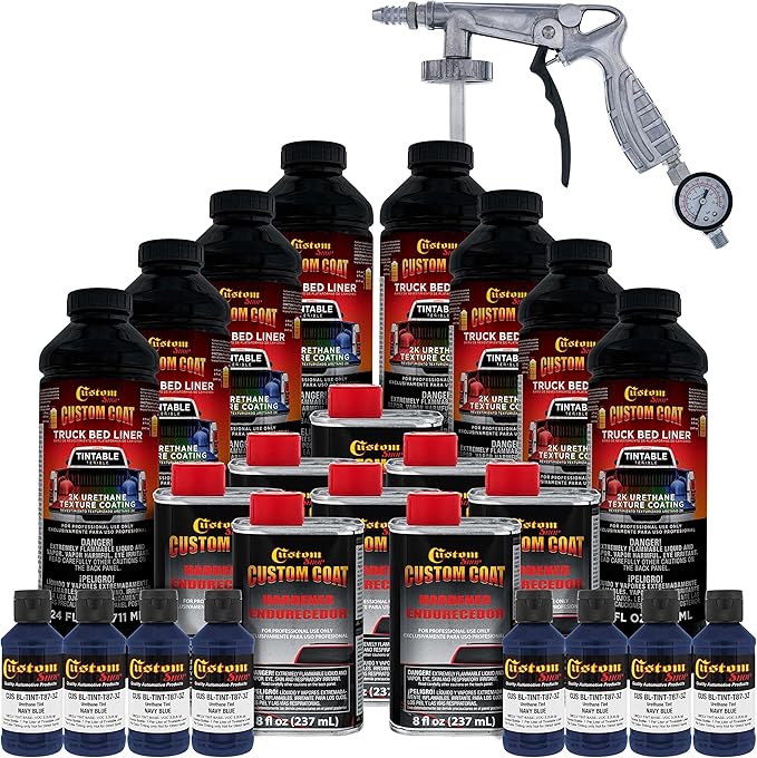 Custom Coat Federal Standard Color # 35048 Navy Blue Urethane Spray-On Truck Bed Liner, 2 Gallon Kit with Spray Gun and Regulator - Durable Textured Protective Coating - Easy Mix Car Auto