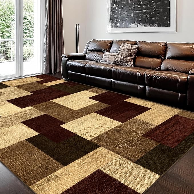 Modern Geometric Patchwork Indoor Area Rug for Living Room, Red 6x9 Large Rug Rockwood Collection Hardwood Floors Decor for Bedroom, Burgundy Throw Carpet for Office Entryway Dining Room