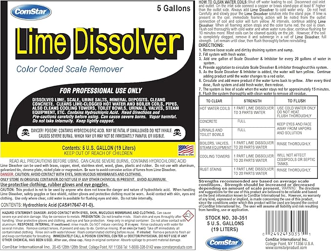 ComStar Lime Dissolver, 5 Gallon & Scale Remover, Industrial Strength Descaler for Cooling Towers, Boilers, Coils, Urinals, Toilet Bowls, Ice Machines, Lab Equipment, Rust & Stain Cleaner (30-351)