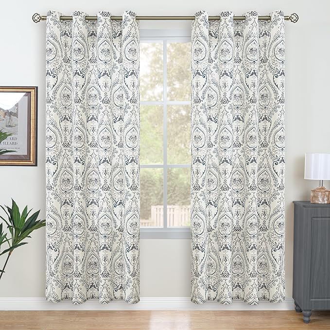 LAMIT Linen Curtains 78 inches Long for Living Room, Printed Linen Curtains Grommet Light Filtering Vintage Damask Flower Pattern Window Drapes for Bedroom, 2 Panels Each 52 x 78 Inch, Greyish Blue