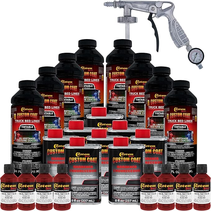 Custom Coat Blood Red 2 Gallon (8 Quart) Urethane Spray-On Truck Bed Liner Kit with Spray Gun and Regulator - Easy Mixing, Shake, Shoot - Textured Protective Coating, Prevent Rust - Car, Auto