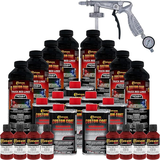 Custom Coat Blood Red 2 Gallon (8 Quart) Urethane Spray-On Truck Bed Liner Kit with Spray Gun and Regulator - Easy Mixing, Shake, Shoot - Textured Protective Coating, Prevent Rust - Car, Auto