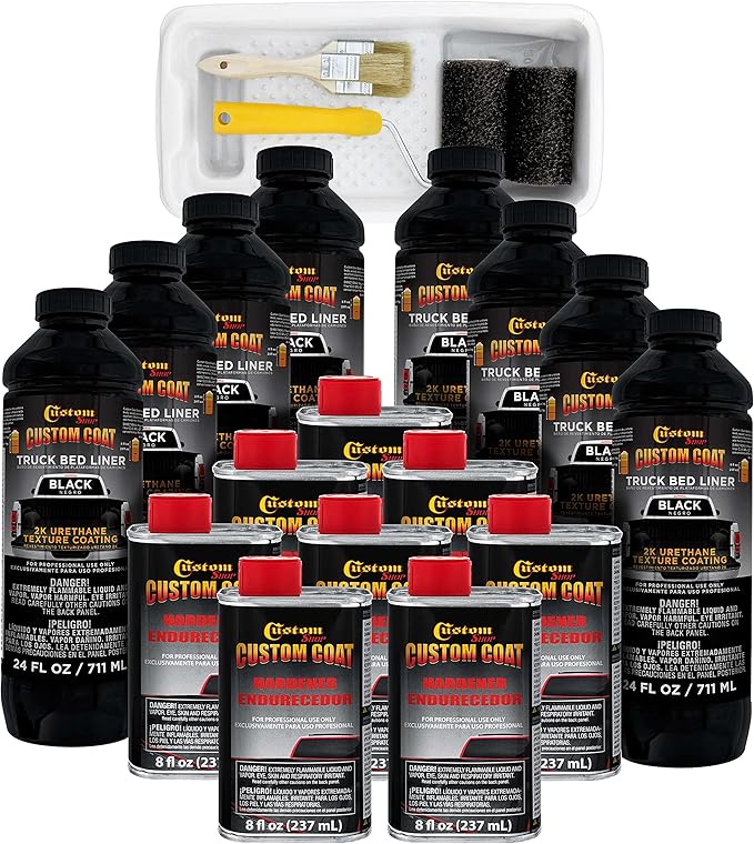 Custom Coat Black 2 Gallon Urethane Roll-On, Brush-On or Spray-On Truck Bed Liner Kit with Roller and Brush Applicator Kit - 3 to 1 Mix Ratio - Durable Textured Car Auto Protective Coating