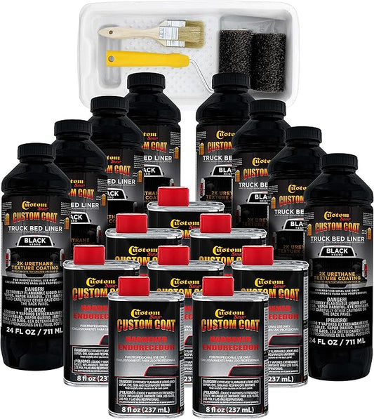 Custom Coat Black 2 Gallon Urethane Roll-On, Brush-On or Spray-On Truck Bed Liner Kit with Roller and Brush Applicator Kit - 3 to 1 Mix Ratio - Durable Textured Car Auto Protective Coating