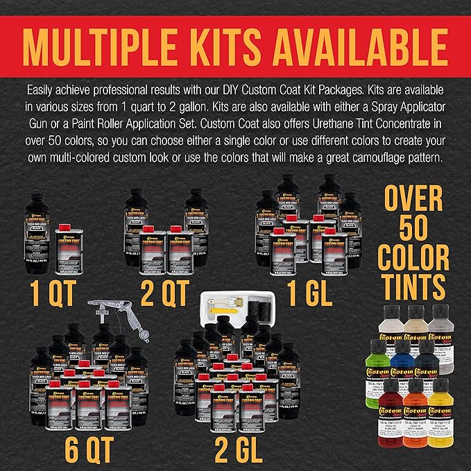 Custom Coat Black 2 Gallon (8 Quart) Urethane Spray-On Truck Bed Liner Kit with Spray Gun and Regulator - Easy 3 to 1 Mix Ratio, Just Mix, Shake and Shoot It - Durable Textured Protective Coating