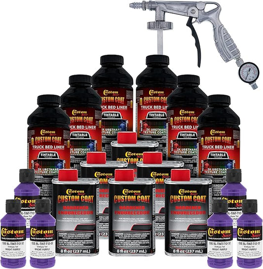 Custom Coat Bright Purple 1.5 Gallon (6 Quart) Urethane Spray-On Truck Bed Liner Kit with Spray Gun and Regulator - Easy Mixing, Shake, Shoot - Textured Protective Coating, Prevent Rust - Car, Auto