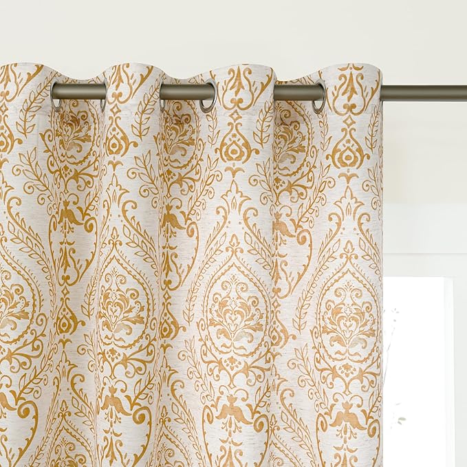 LAMIT Linen Curtains 40 inch Length for Small Windows, Light Filtering Semi Sheer Linen Curtains Grommet Vintage Damask Flower Pattern Drapes for Half Windows/Cafe, 2 Panels, 34 x 40 Inch, Gold