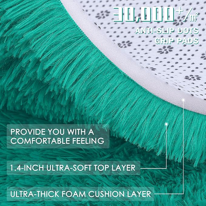 OLANLY 3x5 Machine Washable Small Bedside Rug, Soft Fluffy Shaggy Rugs for Living Room, Bedroom, Indoor Floor Carpet for Kids Girls and Boys, Preppy Dorms, Nursery, Home Decor Aesthetic, Teal Green