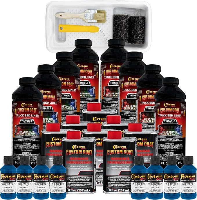 Custom Coat Safety Blue 2 Gallon Urethane Roll-On, Brush-On or Spray-On Truck Bed Liner Kit with Roller and Brush Applicator Kit - Easy Mixing Durable Textured Car Auto Protective Coating