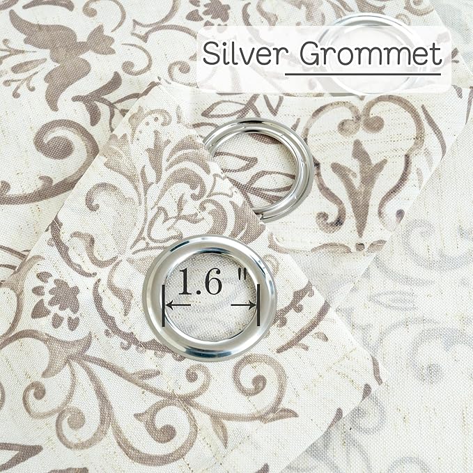 LAMIT Natural Taupe Linen Curtains for Bedroom 63 inch Length 2 Panels, Boho Printed Light Filtering Curtains Grommet Vintage Damask Floral Pattern Window Drapes for Living Room, Each 52 x 63 Inch