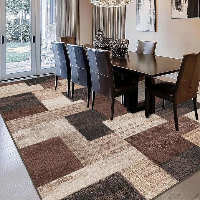 Modern Geometric Patchwork Indoor Area Rug for Living Room, Chocolate 8'x 10' Large Rug Rockwood Collection Hardwood Floors Decor for Bedroom, Brown Throw Carpet for Office Entryway Dining Room