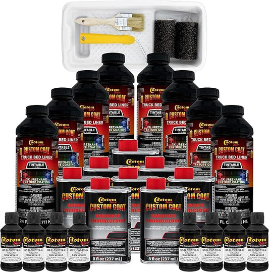 Custom Coat Black Metallic 2 Gallon Urethane Roll-On, Brush-On or Spray-On Truck Bed Liner Kit with Roller and Brush Applicator Kit - Easy Mixing - Durable Textured Car Auto Protective Coating