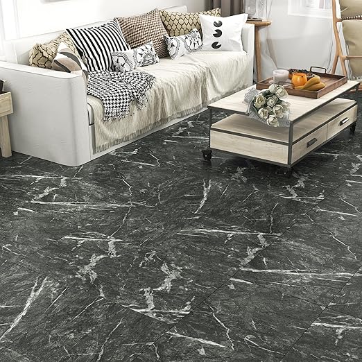 Wallercity 5PCS Black Marble Vinyl Flooring Peel and Stick Floor Tiles for Bathroom Stick on Tile Floor Stickers Self-Adhesive Waterproof Non-Slip Flooring Tile Sheets for Balcony Kitchen 12''x12''