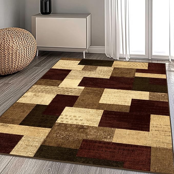 Modern Geometric Patchwork Indoor Area Rug for Living Room, Red 9x12 Large Rug Rockwood Collection Hardwood Floors Decor for Bedroom, Burgundy Throw Carpet for Office Entryway Dining Room