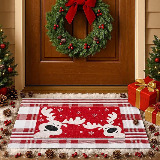 2-Piece Christmas Door Mat Combo Set - Reindeer Coir Doormat 17"x30" + Red & White Plaid Rug 28"x43", Layered Front Door Decor for Porch/Entryway, Natural Coir with PVC Backing