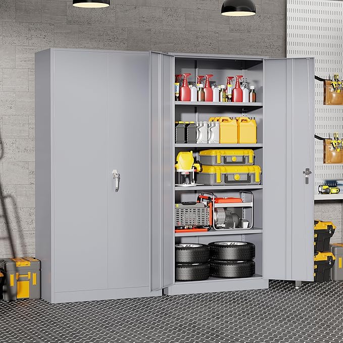 Bonusall 72" Metal Garage Storage Cabinet， Heavy-Duty Steel Cabinet with 2 Locking Doors & 5 Adjustable Shelves for Home
