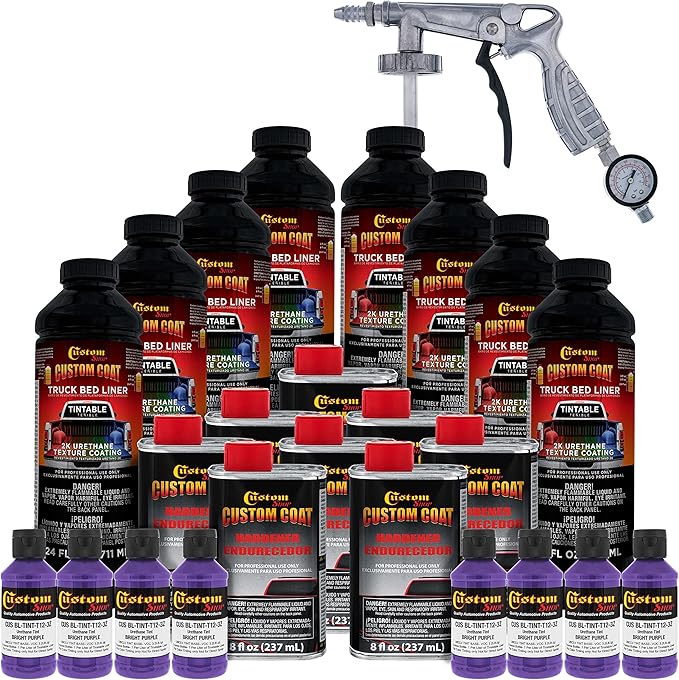 Custom Coat Bright Purple 2 Gallon (8 Quart) Urethane Spray-On Truck Bed Liner Kit with Spray Gun and Regulator - Easy Mixing, Shake, Shoot - Textured Protective Coating, Prevent Rust - Car, Auto