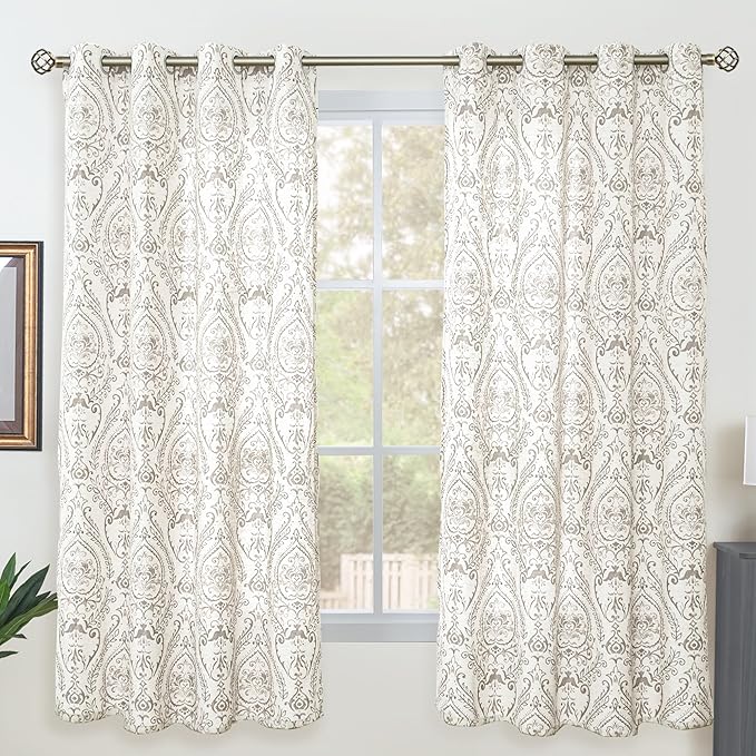 LAMIT Natural Taupe Linen Curtains for Bedroom 63 inch Length 2 Panels, Boho Printed Light Filtering Curtains Grommet Vintage Damask Floral Pattern Window Drapes for Living Room, Each 52 x 63 Inch