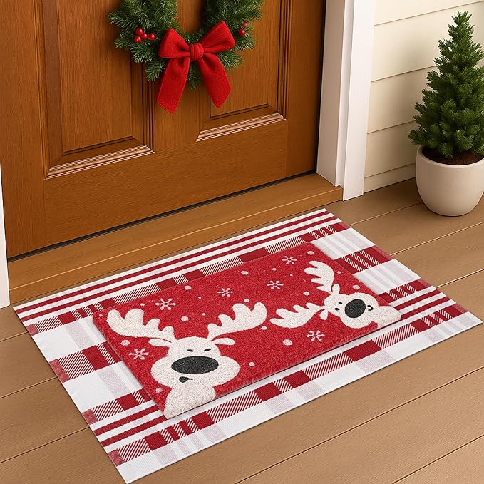 2-Piece Christmas Door Mat Combo Set - Reindeer Coir Doormat 17"x30" + Red & White Plaid Rug 28"x43", Layered Front Door Decor for Porch/Entryway, Natural Coir with PVC Backing