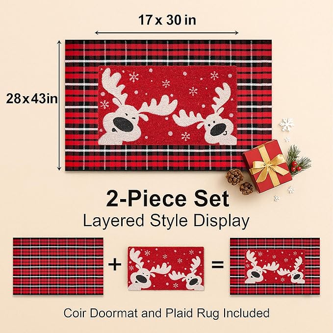 2-Piece Christmas Door Mat Combo Set - Reindeer Coir Doormat 17"x30" + Red Black White Check Rug 28"x43", Layered Front Door Decor for Porch/Entryway, Natural Coir with PVC Backing