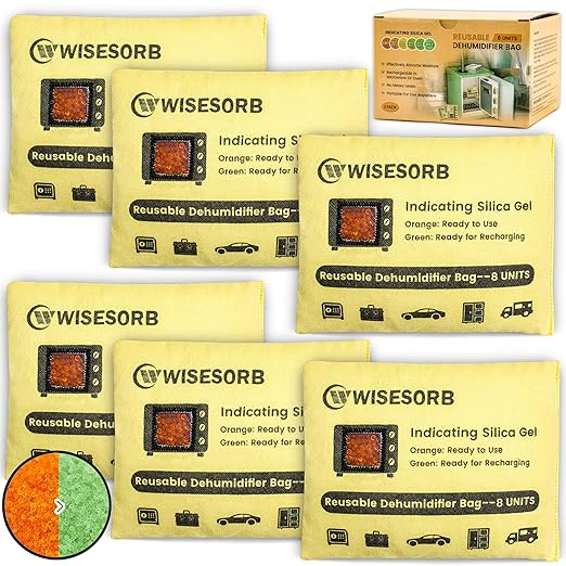 Wisesorb 6 Pack 240G Reusable Silica Gel Desiccant Dehumidifier Bags, Color Indicating Moisture Absorbers for Car, Closet, Garage, 3D Filaments, Emoisture, Microwave Rechargeable Reusable Drying Bags