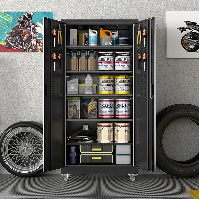 Reemoon Garage Storage Cabinet with Wheels, Metal Storage Cabinet with 5 Adjustable Shelves and Pegboard for Garage Home Utility Room,Required Assembly,Black，71" H×34" W×18" D