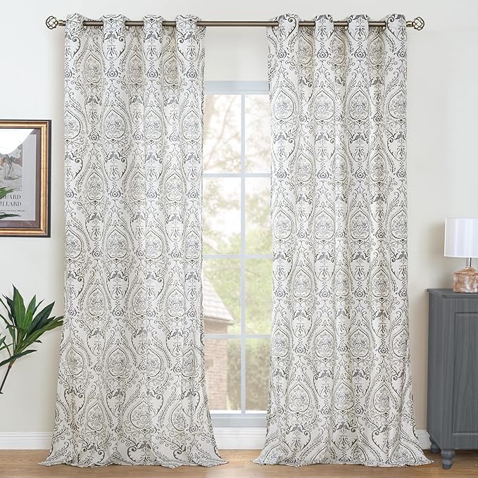 LAMIT Linen Curtains for Living Room with Damask Printed, Grommet Light Filtering Boho Vintage Floral Pattern Farmhouse Window Drapes for Bedroom/Country, Grey, 2 Panels Each 52 x 95 Inch