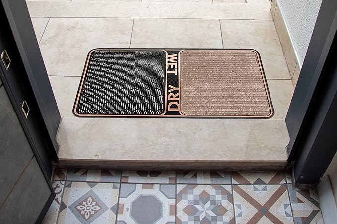 J&V TEXTILES 2 in 1 Wet Dry Shoe Cleaning Floor Mat - 18’’ x 32’’ Non Slip Machine Washable - Boot Tray Perfect to Remove Mud Dirt and Yuck from Footwear - Indoor Outdoor Rug (Bronze)