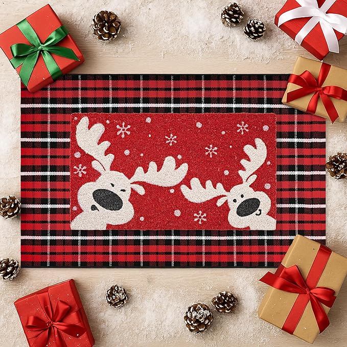 2-Piece Christmas Door Mat Combo Set - Reindeer Coir Doormat 17"x30" + Red Black White Check Rug 28"x43", Layered Front Door Decor for Porch/Entryway, Natural Coir with PVC Backing