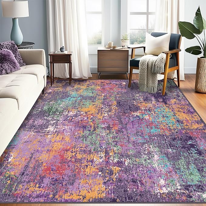RELEANY Washable Area Rugs 8'x10' Non-Slip Modern Abstract Soft for Living Room Entryway Bedroom Nursery, Print Pattern, Purple Orange Blue Green Rust Red Colorful