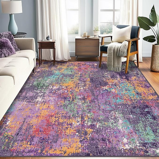 RELEANY Washable Area Rugs 8'x10' Non-Slip Modern Abstract Soft for Living Room Entryway Bedroom Nursery, Print Pattern, Purple Orange Blue Green Rust Red Colorful
