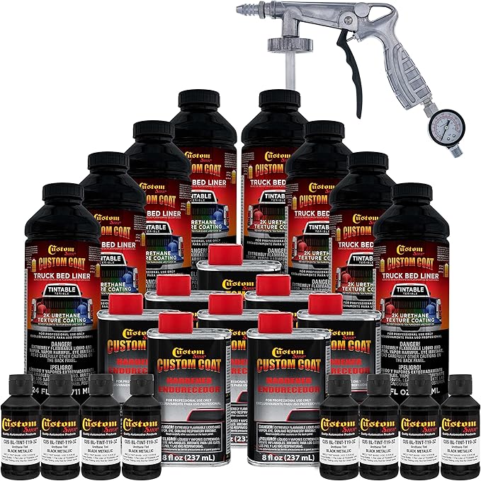 Custom Coat Black Metallic 2 Gallon (8 Quart) Urethane Spray-On Truck Bed Liner Kit with Spray Gun and Regulator - Easy Mixing, Shake, Shoot - Textured Protective Coating, Prevent Rust - Car, Auto