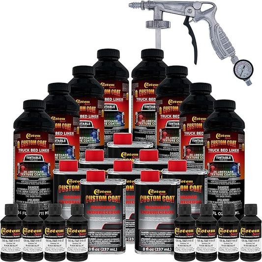 Custom Coat Black Metallic 2 Gallon (8 Quart) Urethane Spray-On Truck Bed Liner Kit with Spray Gun and Regulator - Easy Mixing, Shake, Shoot - Textured Protective Coating, Prevent Rust - Car, Auto