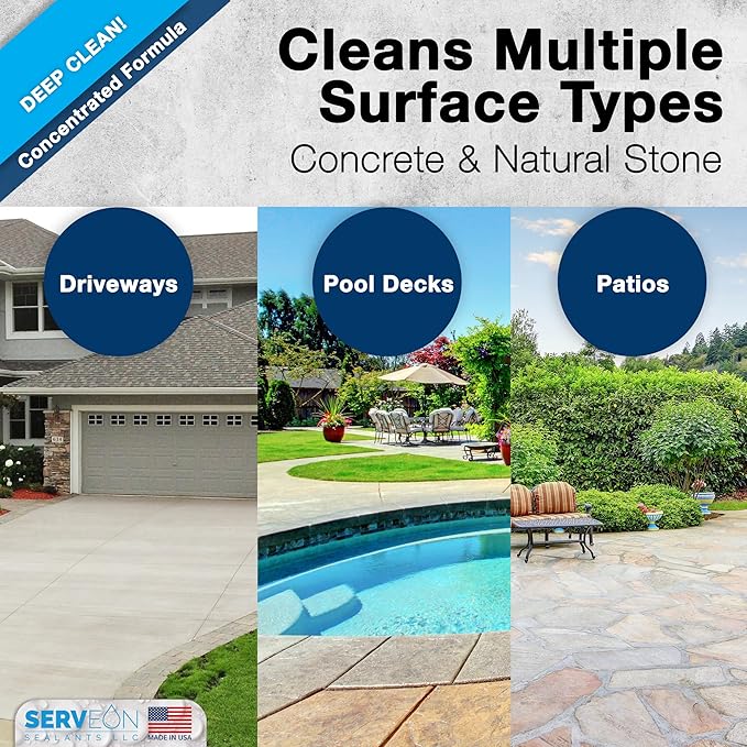 Serveon Sealants Concrete Cleaner (Concentrated Formula) Grout Stone Cleaner Water-Based Commercial Grade Outdoor Indoor Oil Stain Remover for Driveways Pavers Patios (1 Gallon) H2600