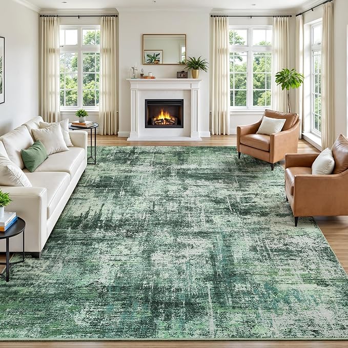 Lofus 8x10 Area Rug for Living Room, Green Abstract Rugs with Non-Slip Backing, Neutral Modern Washable Carpet for Bedroom Dining Room Home Office Nursery Indoor