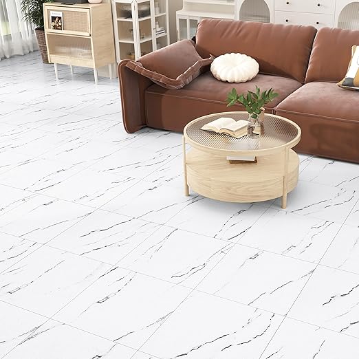 Wallercity Matte White Peel and Stick Floor Tiles Waterproof Marble Vinyl Flooring Tile Stickers 12''x12'' Self-Adhesive Stick on Tiles for Bathroom Kitchen Living Room Thick Shower Tile Sheets 16PCS