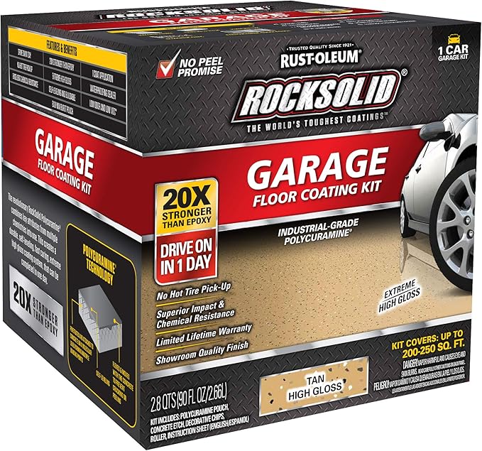 Rust-Oleum 60007 RockSolid Polycuramine Garage Floor Coating, 1 Car Kit, High Gloss Tan