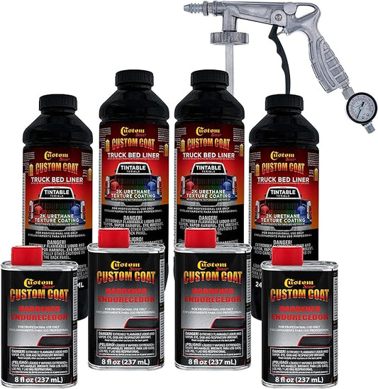 Custom Coat Tintable Base Only 1 Gallon Urethane Spray-On Truck Bed Liner Kit with Spray Gun and Regulator - Easy 3 to 1 Mix Ratio, Just Mix, Shake and Shoot It - Textured Protective Coating
